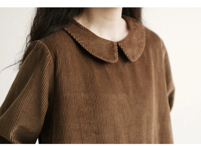 Japanese Style Long Sleeve Corduroy A-Line Dress Loose Slimming Simple Design Women's plus Size Dress Daily Wear Long Dress