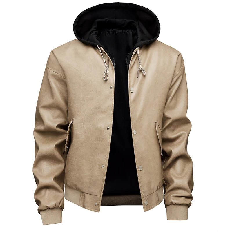 Hooded Leather Motorbiker Jacket Men's Streetwear Fake Two PU Leather Jackets Winter New Biker Coats Men Motorcycle Leather Coat