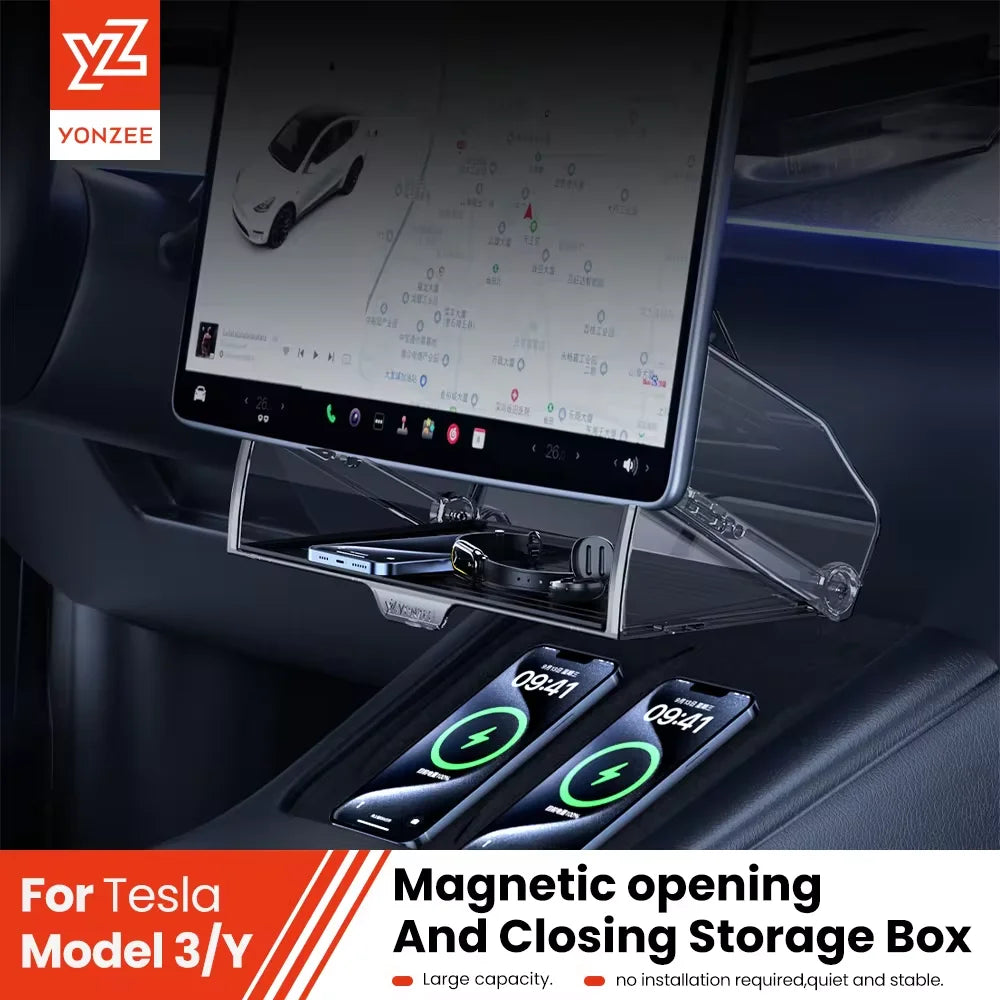 YZ For 2021-2026 Tesla Highland Model 3/Y/YL Juniper Tray Magnetic Under Screen Hidden Storage Box Magnetic Hidden Screen Box
