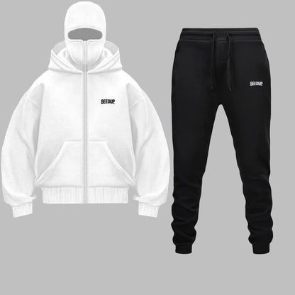 2025 Autumn Winter Men Zippered Hooded Sweatshirt Set - Balakrava Street Fashion Windproof Ninja Letter Design Two-Piece Set