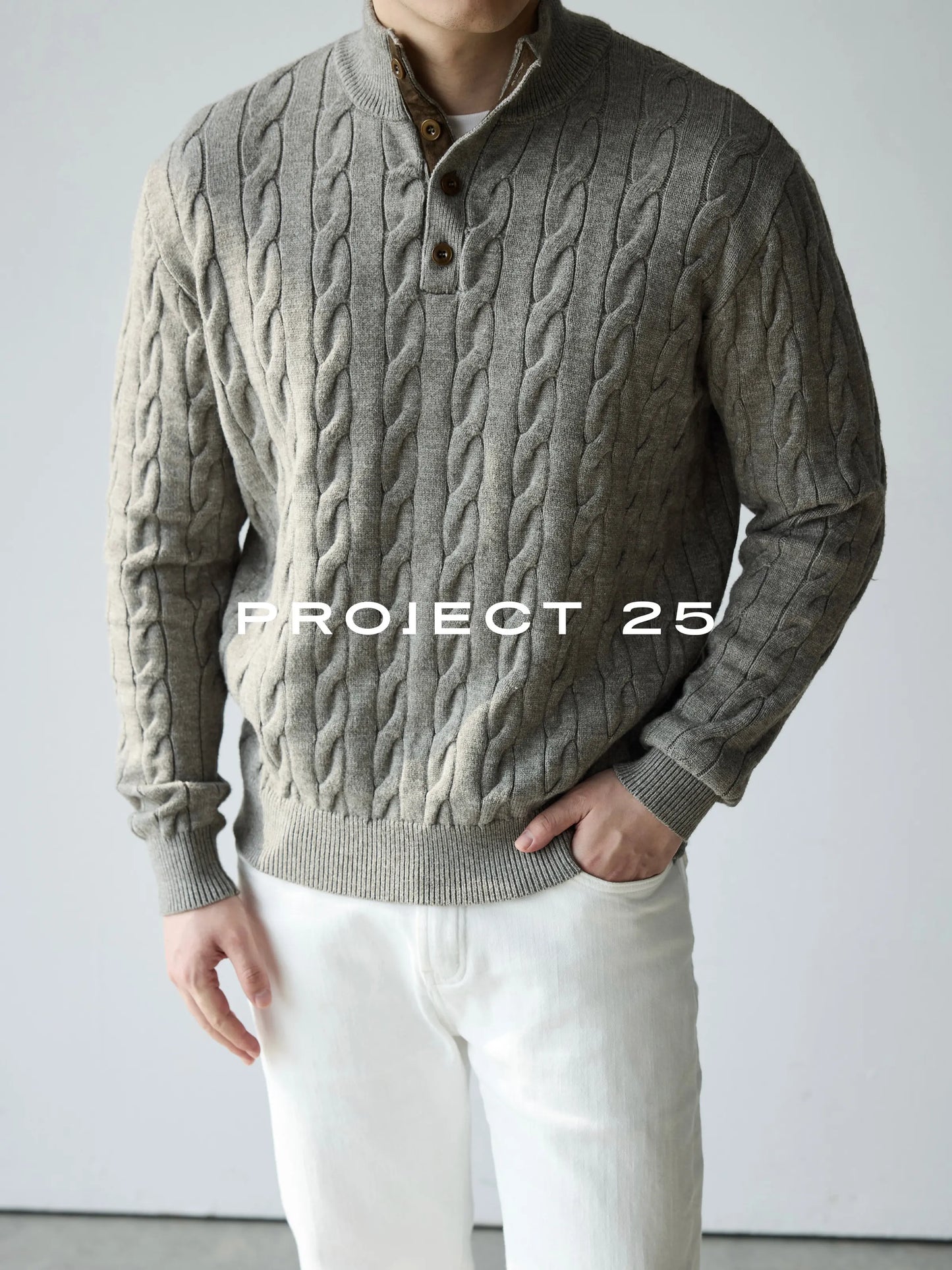 PROJECT 25 Men's American Heritage 4-Button Stand Collar Cable Knit Sweater – Premium Wool Business Casual Pullover