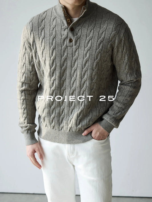 PROJECT 25 Men's American Heritage 4-Button Stand Collar Cable Knit Sweater – Premium Wool Business Casual Pullover