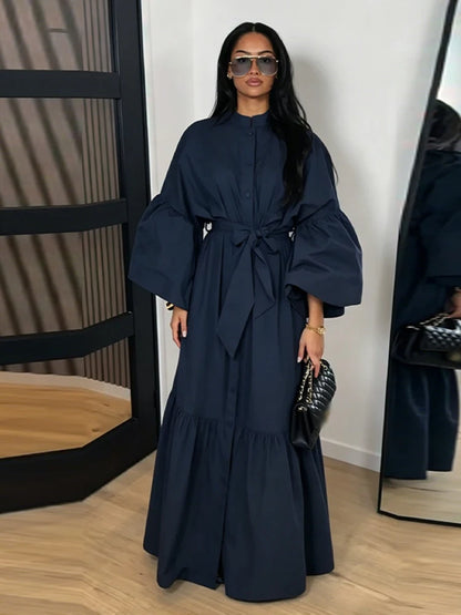Casual Women Dress Belt Cinched Waist Long Sleeve High Collar Solid Single Breasted Female Dress Chic Lady Commute Summer 2026
