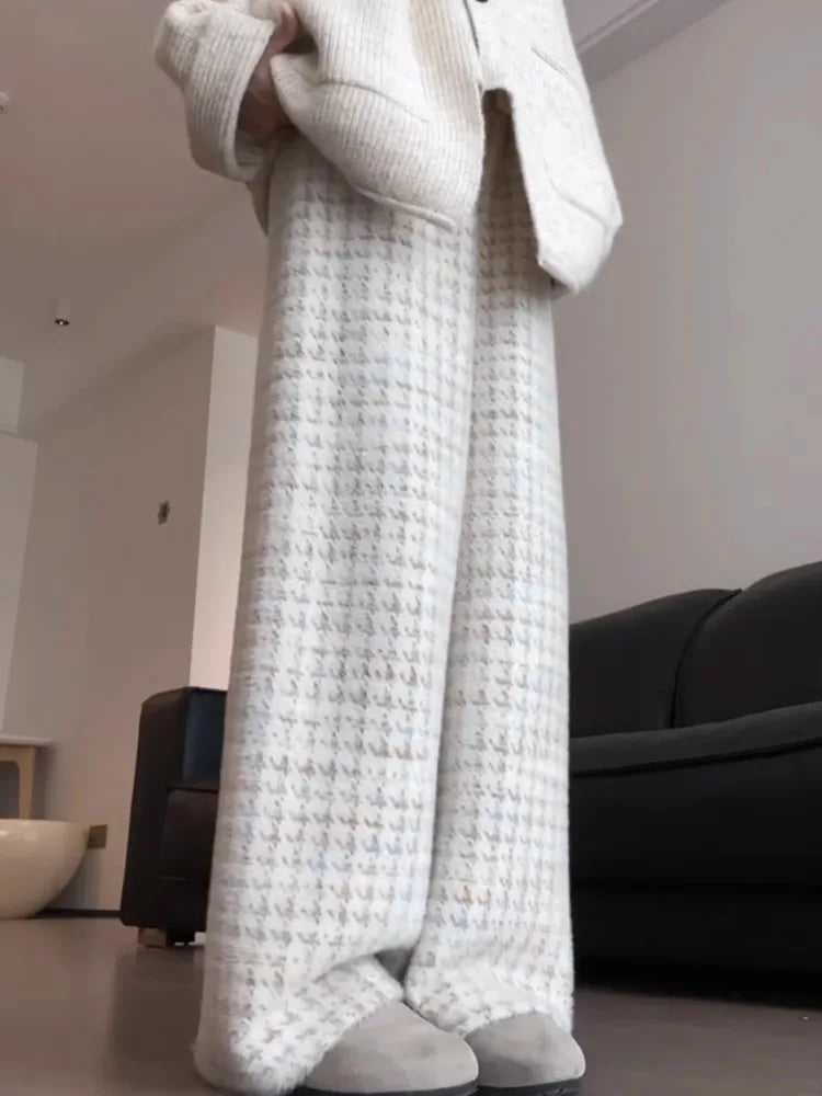 Thickened Flannel Wide Leg Pants Women's Autumn Winter Lazy Casual Plaid Sleepwear Long Pants Korean Style High Waist Trousers