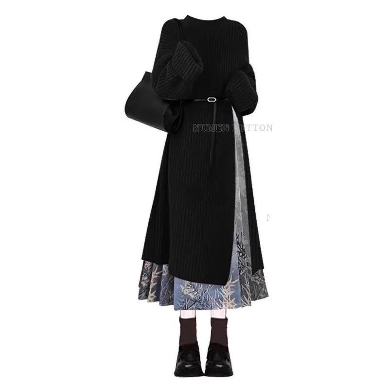 Autumn Winter Women's Knitted Dress Set with Slit Long Sleeve round Neck Loose Fit mid Thickening Two Pieces National Style