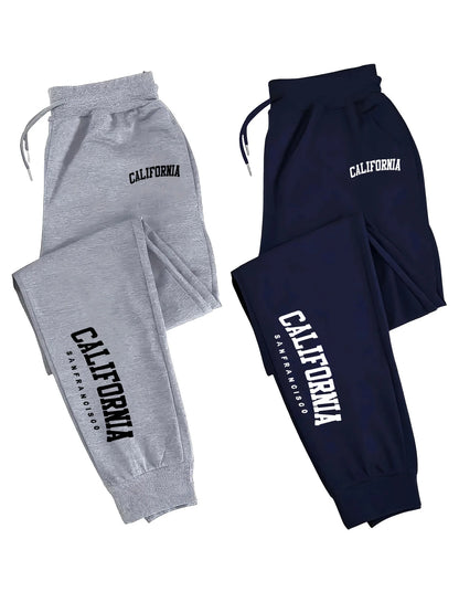 2 Pack Men's Print Polyester Joggers, Drawstring Waist, Wrinkle-Resistant, Breathable, Slim-Fit, Cuffed Hem, Ideal for S