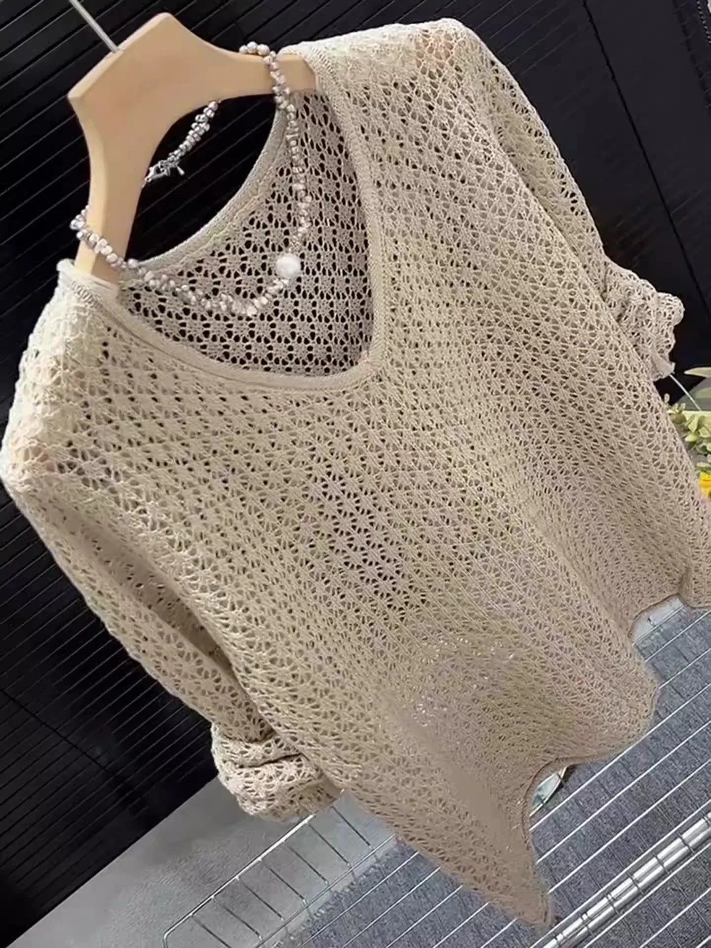 Korean Style Khaki Knitted Hollow out Long Sleeve Top Women's Spring Summer Thin Sun Protection Loose Fit round Neckline