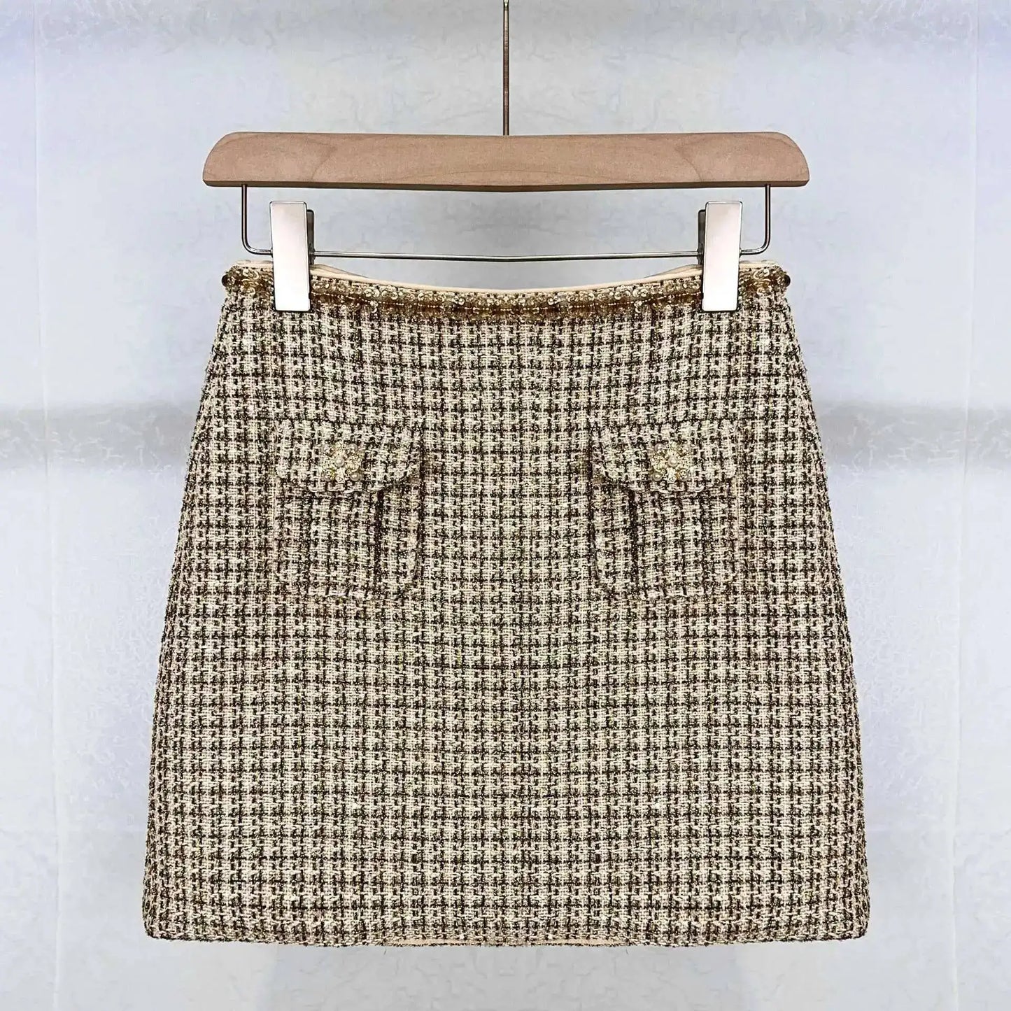 Autumn Winter Small Fragrant Style Gold Plaid Coarse Knitted Two Piece Set Women Suit Coat Tweed Jackets Midi Long Skirts Sets