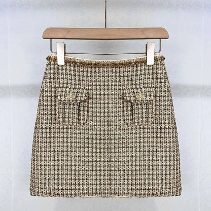 Autumn Winter Small Fragrant Style Gold Plaid Coarse Knitted Two Piece Set Women Suit Coat Tweed Jackets Midi Long Skirts Sets
