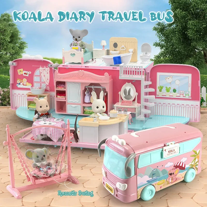 Dollhouse Koala Tour Bus Diary Girl Play House Toy Diy Bedroom Dresser Dining Kitchen Bathroom Shop Pretend Family Toys Girls