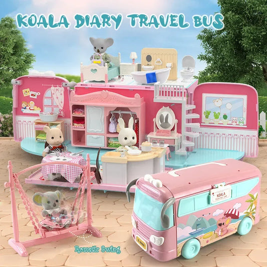 Dollhouse Koala Tour Bus Diary Girl Play House Toy Diy Bedroom Dresser Dining Kitchen Bathroom Shop Pretend Family Toys Girls