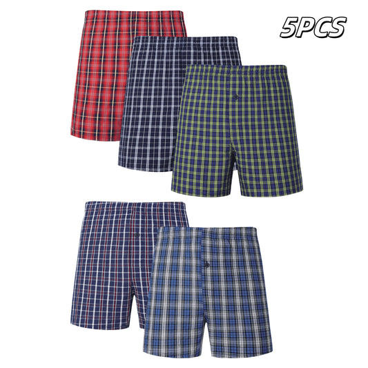 5PCS Plus Size Men's 100% Cotton Casual Plaid Elastic Drawstring Boxer Shorts Oversized Mans Comfortable Underwear Random Color