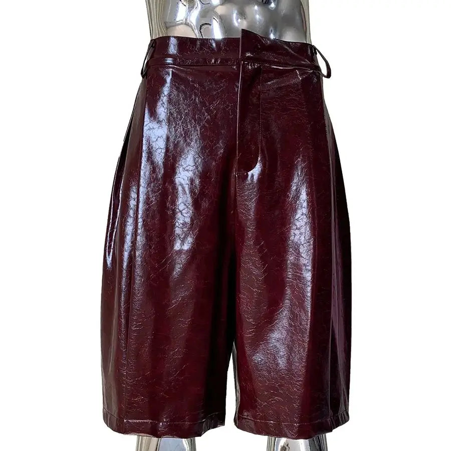 Mauroicardi Autumn Cool Handsome Waterproof Shiny Burgundy Pu Leather Straight Shorts for Men High Waist Luxury Designer Clothes