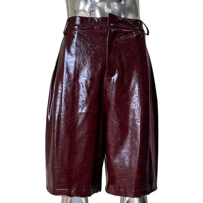 Mauroicardi Autumn Cool Handsome Waterproof Shiny Burgundy Pu Leather Straight Shorts for Men High Waist Luxury Designer Clothes