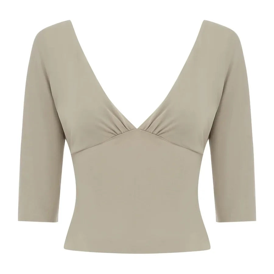 Wj V-Neck Three-Quarter Sleeve Top, Low-Waist Khaki Fishtail Skirt with Embroidery, Irregular Hem Skirt, Green Pleated Low-Waist Slit Skirt, Pleated Neckline Waist-Cinching Short Top
