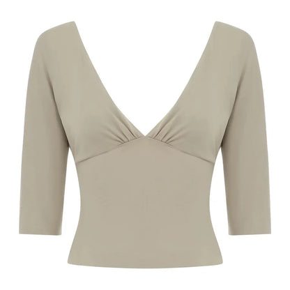 Wj V-Neck Three-Quarter Sleeve Top, Low-Waist Khaki Fishtail Skirt with Embroidery, Irregular Hem Skirt, Green Pleated Low-Waist Slit Skirt, Pleated Neckline Waist-Cinching Short Top