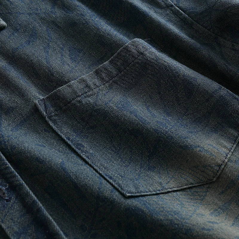 Summer new style tie-dye plain-patterned fashionable and stylish casual loose short-sleeved denim shirt for men