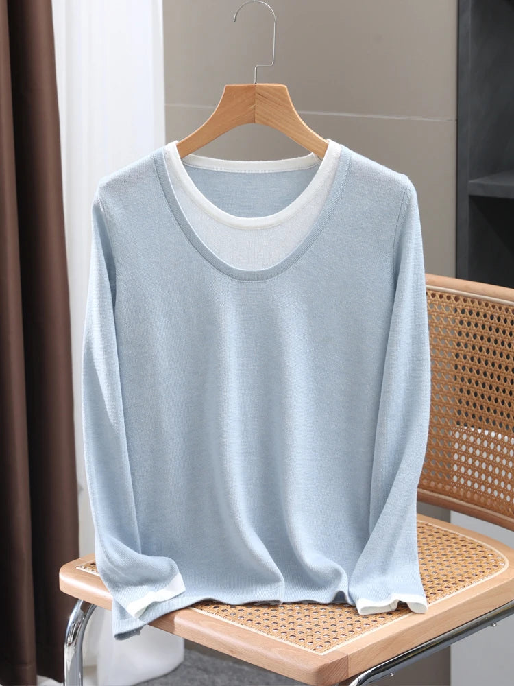 Casual Spring Autumn Women T-Shirts Merino Worsted Wool Female Knitted Pullover Long Sleeve Soft Clothing Tops Thin Outerwears