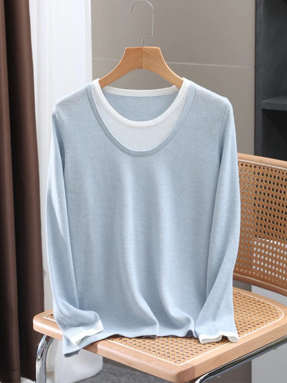 Casual Spring Autumn Women T-Shirts Merino Worsted Wool Female Knitted Pullover Long Sleeve Soft Clothing Tops Thin Outerwears