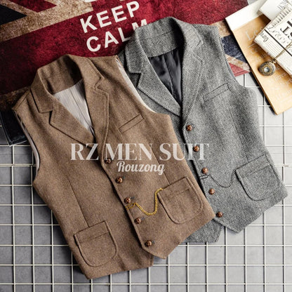 Men's Tweed Suit Vest Western Herringbone Wool Casual Waistcoat for Groomsman chaleco para hombre