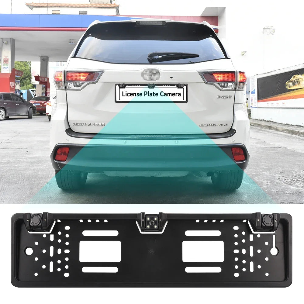 3 in 1 Car Backup Camera and Parking Sensor Kit with EU License Plate Holder, 12V Universal Rear View System with Audio Alerts