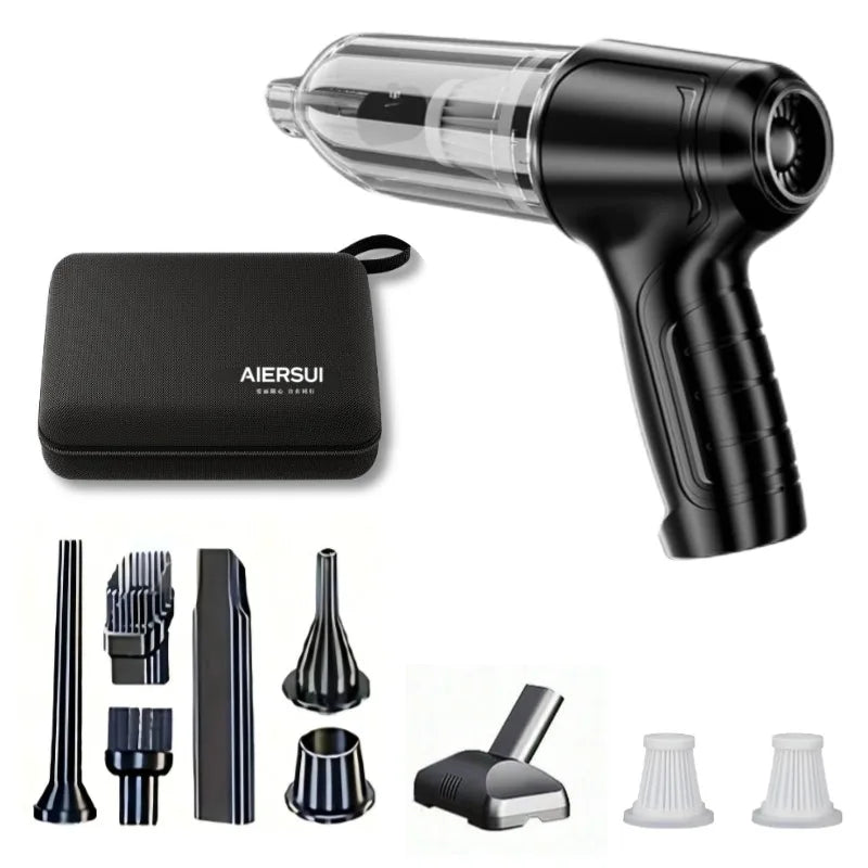 Handheld vacuum cleaner with integrated suction and blowing functions, ideal for cleaning cars, homes, offices, and pet areas.