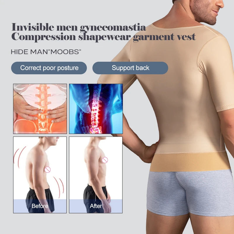 Men's Slimming Body Shaper Vest with Tummy Control Short Sleeve Post-Op Surgery Gynecomastia Lipo Faja Shapewear Top