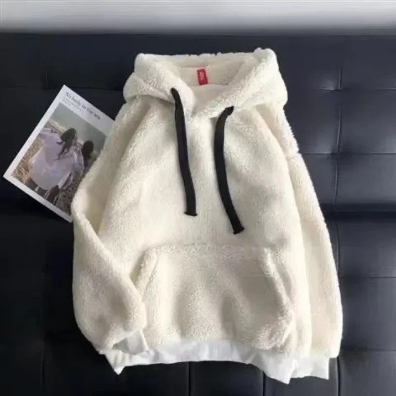 Imitation Lambskin Hoodie Winter Simple Couple Long-Sleeved Hoodie Wear for Both Men and Women Fluffy Thickened Hooded Loose Top