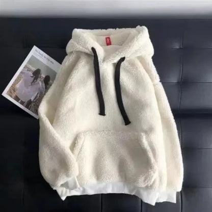 Imitation Lambskin Hoodie Winter Simple Couple Long-Sleeved Hoodie Wear for Both Men and Women Fluffy Thickened Hooded Loose Top