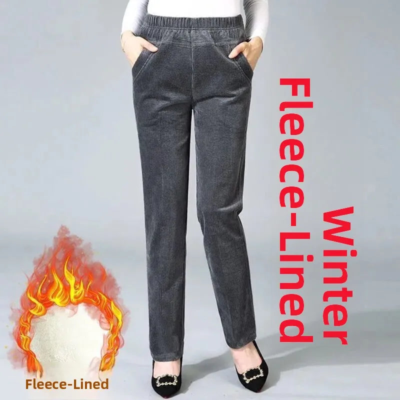 Thiened Fce Lined Corduroy Straight Leg Pants for Mom High Waist Korean Sle Commute Faion Winter Casual Trousers