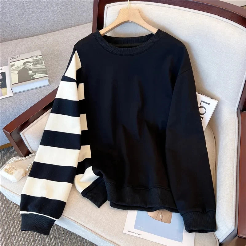 Loose Long Sleeve T-Shirt Hoodie Women Spring Autumn plus Size Fat MM300 Pounds Patchwork Shoulder Length Design Slimming Top