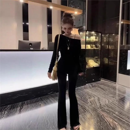 Elegant Pure Desire Style Long Sleeve T-Shirt Set for Women Casual High Waist Pants Slimming Loose Fit Spring Autumn Wear
