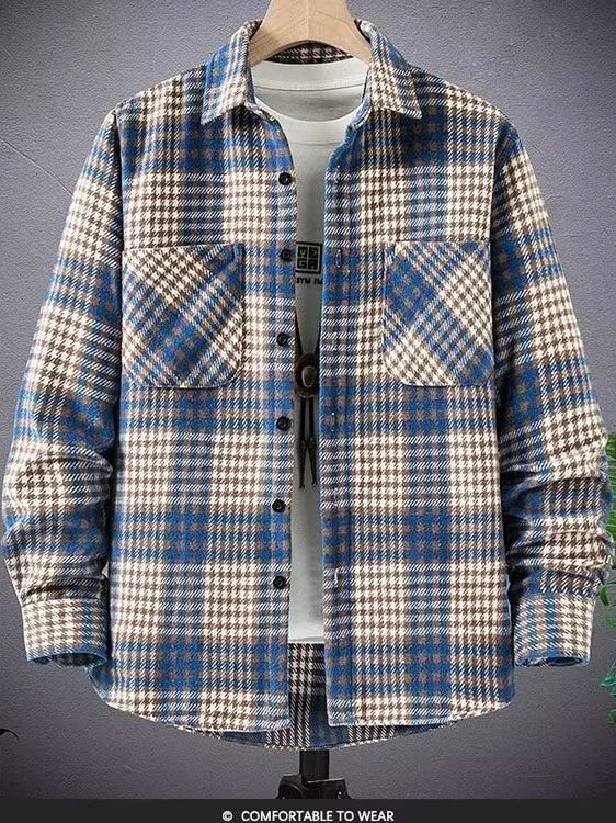 Thickened Plaid Shirt Autumn Winter Men's Korean Version Trend Outerwear Double Pocket Versatile Woolen Coat Shirt