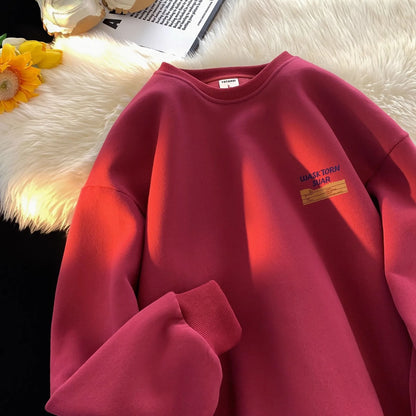 American Retro Fleece Lined Long Sleeve Letter Print Sweatshirt Unisex Autumn Winter Casual Fashion Versatile Men's Women's Top