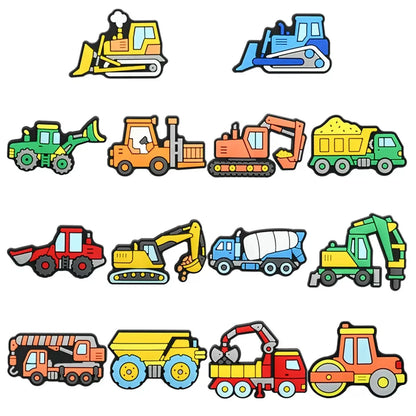 14-100Pcs Mix Engineering Vehicle Shoes Charms Decorations Digger PVC Garden Sandals Button Fit Kids Favorite Birthday Gifts