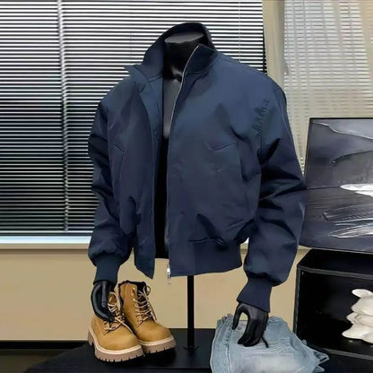 Casual American Style Men's Jacket Stand Collar Baseball Loose Fit Outerwear Windproof Zipper Closure Long Sleeve Pure Color