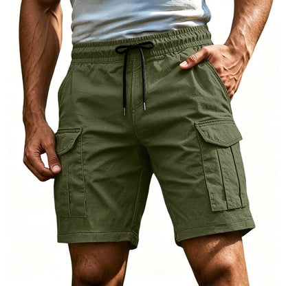 Men Solid Color Drawstring Cargo Shorts Elastic Waist Multi Pocket Loose Casual Summer Beach Short Pants