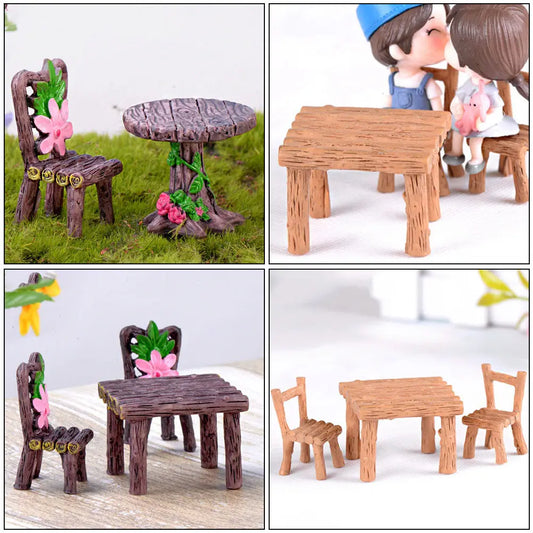 5Sets Miniature Resin Chair Table Set Classic Fairy Garden Furniture Desktop Decoration Home Decor for Living Room Bedroom