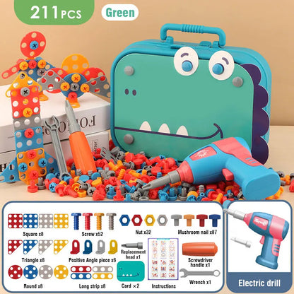 211-351Pieces Children Tool Set Electric Drill Screw Nut Puzzle Toys Pretend Play Dinosaur Drilling Assembly Educational Toy Boy