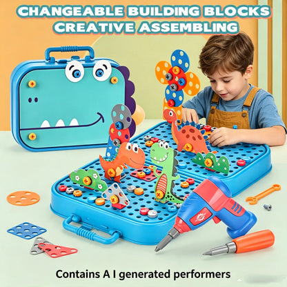 Kids Tool Set Electric Drill with Screws Puzzle Toy Pretend Dinosaur Drilling Assembly Birthday Holiday Gifts for Boy