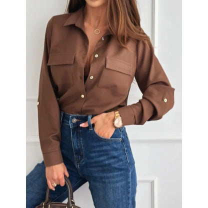 Women's S-XXL Women Fashion Solid Color Long Sleeved Blouse Shirt Ladies Lapel Casual Long Sleeves Single Breasted Shirt