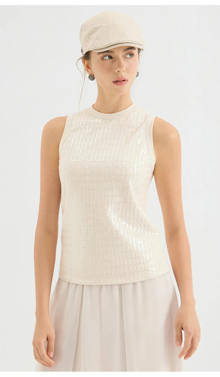 KX7613768 Luxury Chic Glitter Blouse Women's Viscose Elastane Sequin Tank Top Polyester Lining Fitted Vest