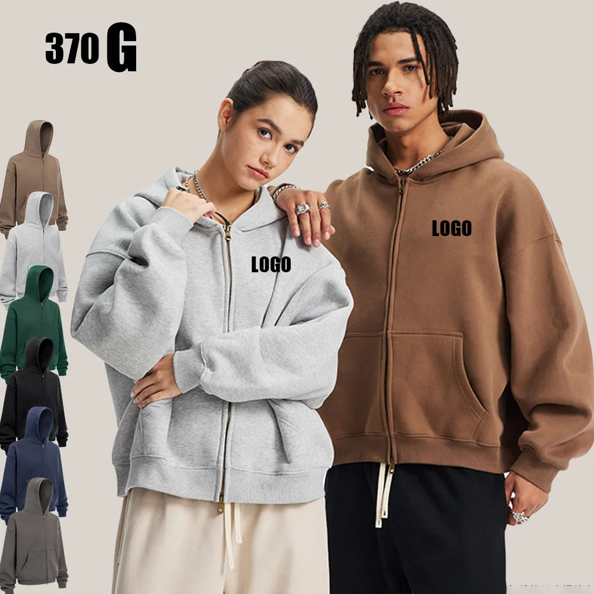 Custom LOGO women's  Autumn Winter New 370G Heavy Fleece BOXY Short and Wide Double Head Zipper Cardigan Couple Hooded Sweater