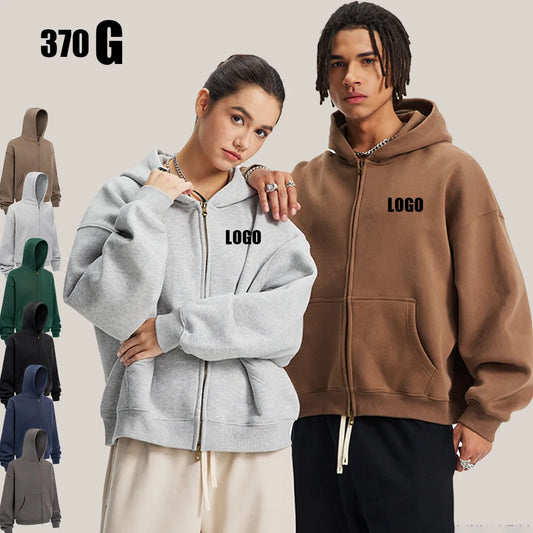 Custom LOGO women's  Autumn Winter New 370G Heavy Fleece BOXY Short and Wide Double Head Zipper Cardigan Couple Hooded Sweater