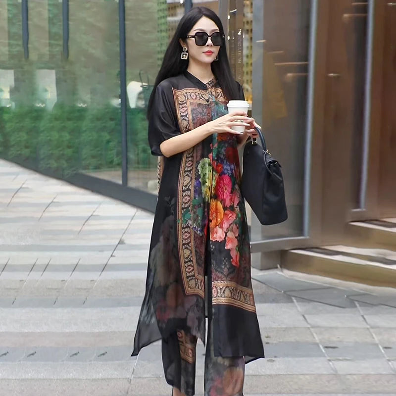 Retro Large Size Floral Print Open Cardigan Loose Wide Leg Pants Ele Faionable Two-Piece Set for Women over 35