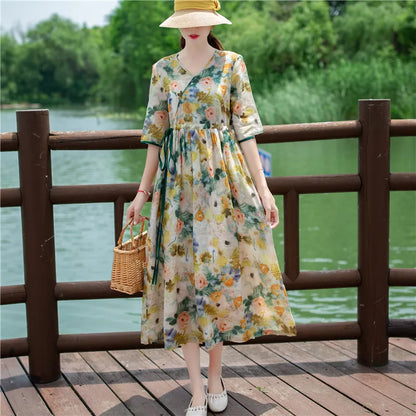 Women's Long Skirt Drawstring Waist Hemp Print A-Line Dress Korean Style Commute Flower Pattern V-Neck Summer Dress