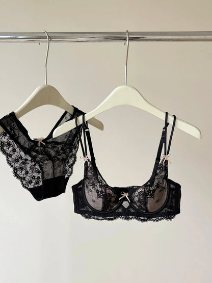 French Style Women's Minimizer Bra Sexy Lingerie Set Large Breast Support Half Cup Soft Underwire Anti Sagging Comfort Thin Bras