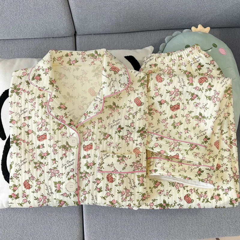 Thickened Air Cotton Sleepwear Set for Women Lazy Bear Cartoon Design Long Sleeve Long Pants Home Clothes Autumn Winter