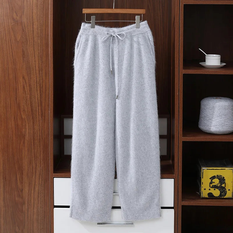 MVLYFLRT Men's 100% Mink Cashmere Thick Wide Leg Pants Comfortable Fit Knitted Luxury Winter Trousers D188