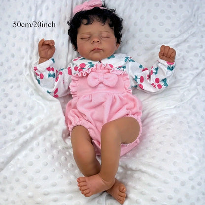 BZDOLL 50cm Asleep Reborn Doll, Black & Brown Skin, Vinyl Limbs Cloth Body, Handmade Play & Bedtime Toy, Girls Birthday Gift